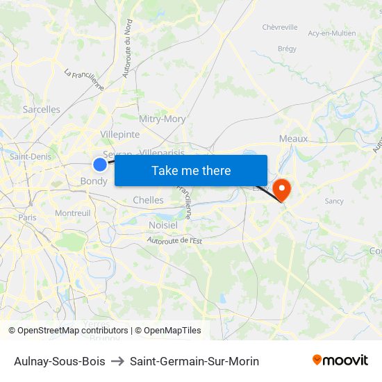 Aulnay-Sous-Bois to Saint-Germain-Sur-Morin map