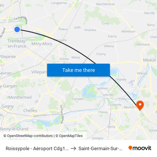 Roissypole - Aéroport Cdg1 (D3) to Saint-Germain-Sur-Morin map