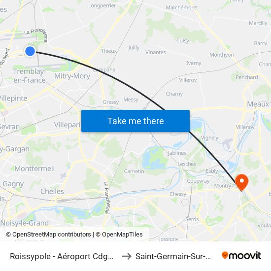 Roissypole - Aéroport Cdg1 (E2) to Saint-Germain-Sur-Morin map