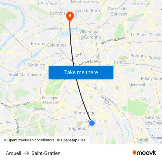 Arcueil to Saint-Gratien map