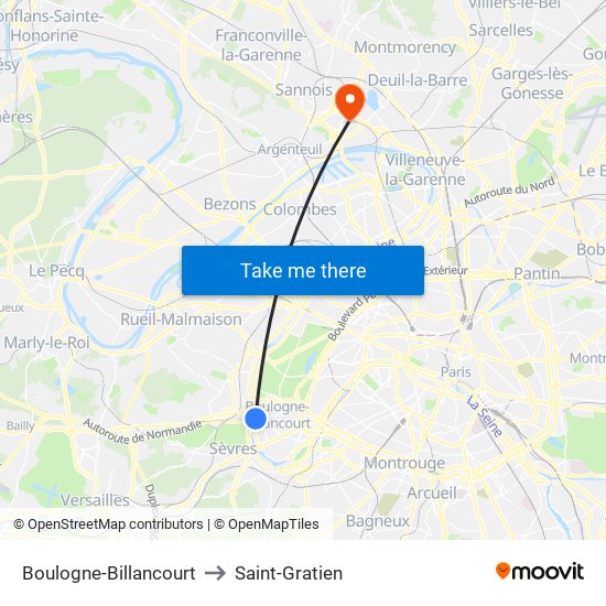 Boulogne-Billancourt to Saint-Gratien map