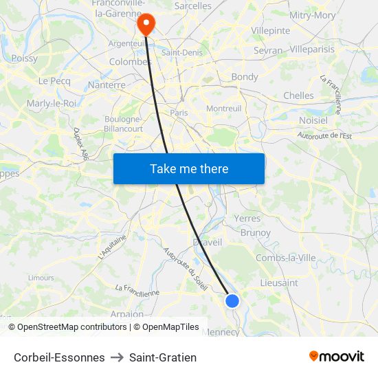 Corbeil-Essonnes to Saint-Gratien map