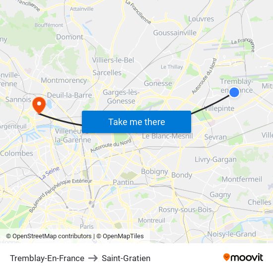 Tremblay-En-France to Saint-Gratien map