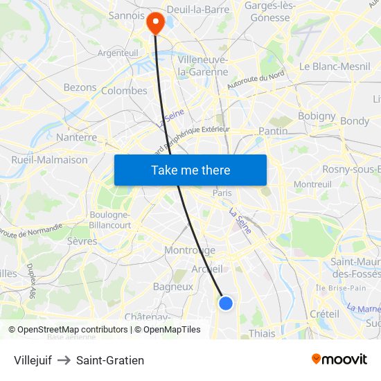 Villejuif to Saint-Gratien map