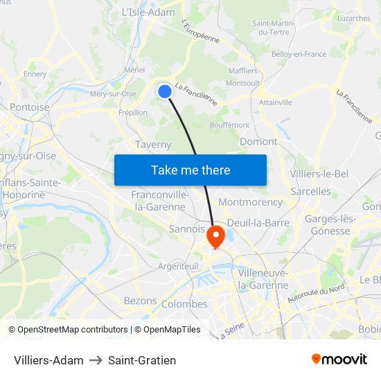 Villiers-Adam to Saint-Gratien map