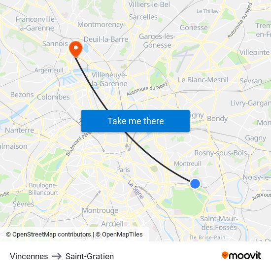 Vincennes to Saint-Gratien map