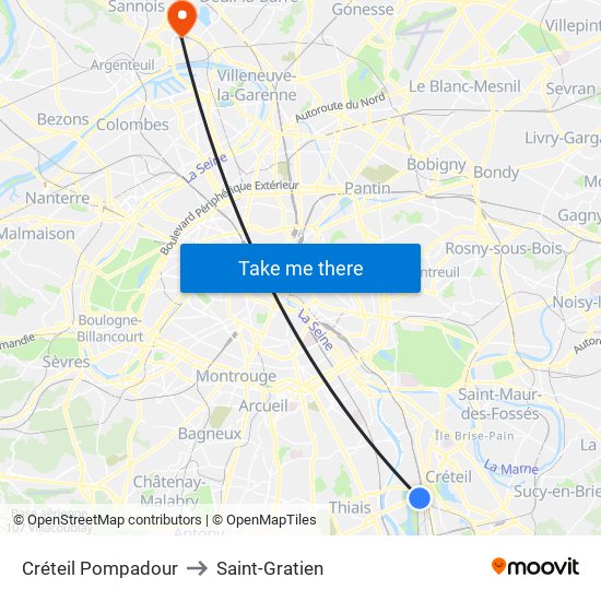 Créteil Pompadour to Saint-Gratien map