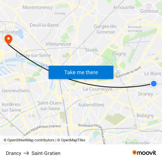 Drancy to Saint-Gratien map