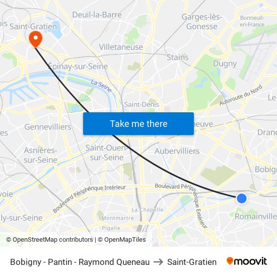 Bobigny - Pantin - Raymond Queneau to Saint-Gratien map