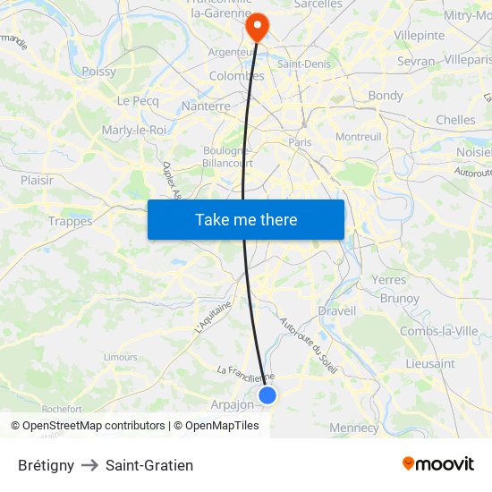 Brétigny to Saint-Gratien map