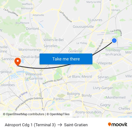 Aéroport Cdg 1 (Terminal 3) to Saint-Gratien map