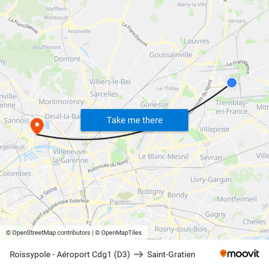 Roissypole - Aéroport Cdg1 (D3) to Saint-Gratien map