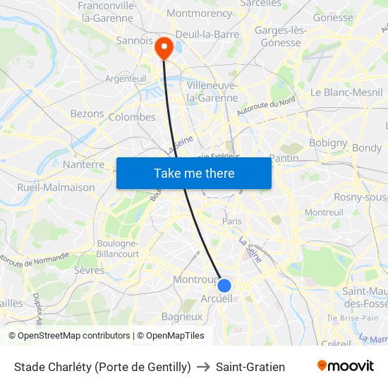 Stade Charléty (Porte de Gentilly) to Saint-Gratien map