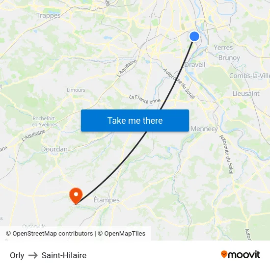 Orly to Saint-Hilaire map