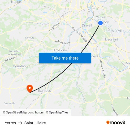 Yerres to Saint-Hilaire map