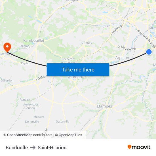 Bondoufle to Saint-Hilarion map