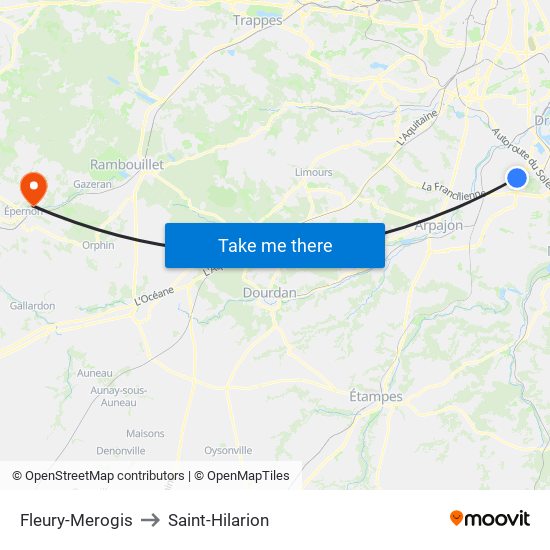 Fleury-Merogis to Saint-Hilarion map