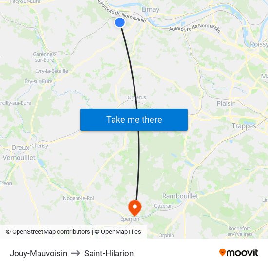 Jouy-Mauvoisin to Saint-Hilarion map