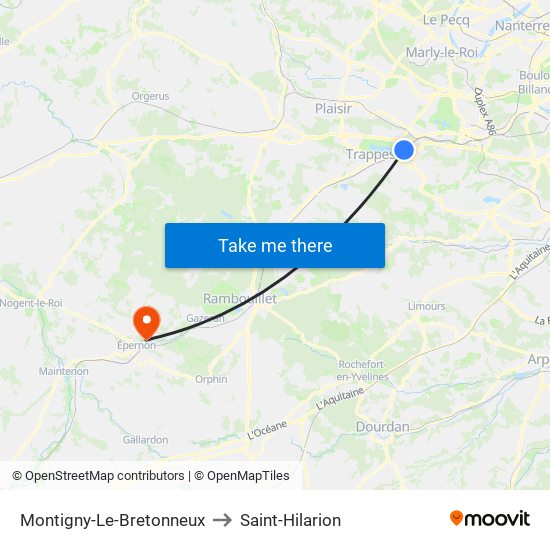 Montigny-Le-Bretonneux to Saint-Hilarion map