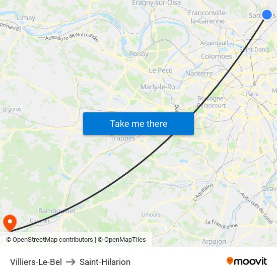 Villiers-Le-Bel to Saint-Hilarion map