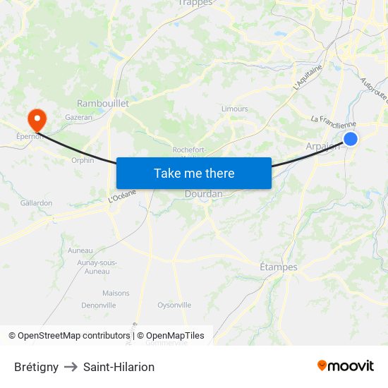 Brétigny to Saint-Hilarion map