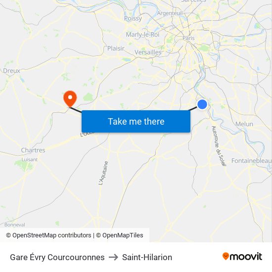 Gare Évry Courcouronnes to Saint-Hilarion map