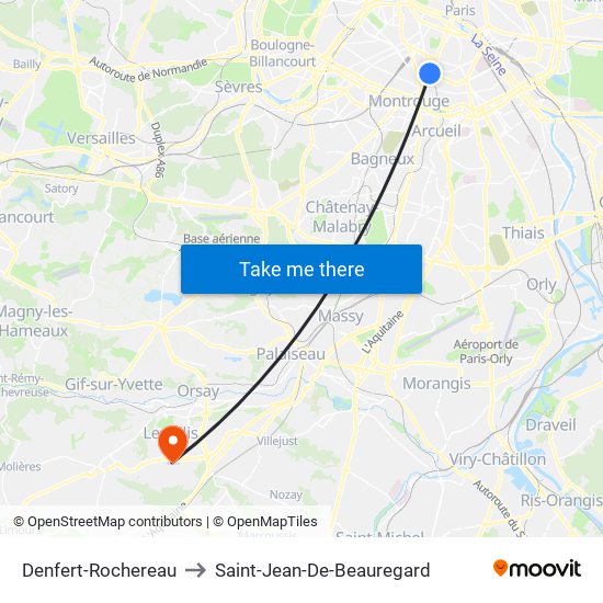 Denfert-Rochereau to Saint-Jean-De-Beauregard map