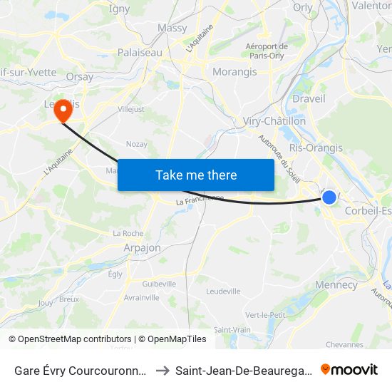 Gare Évry Courcouronnes to Saint-Jean-De-Beauregard map