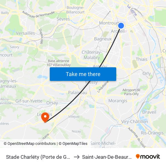 Stade Charléty (Porte de Gentilly) to Saint-Jean-De-Beauregard map