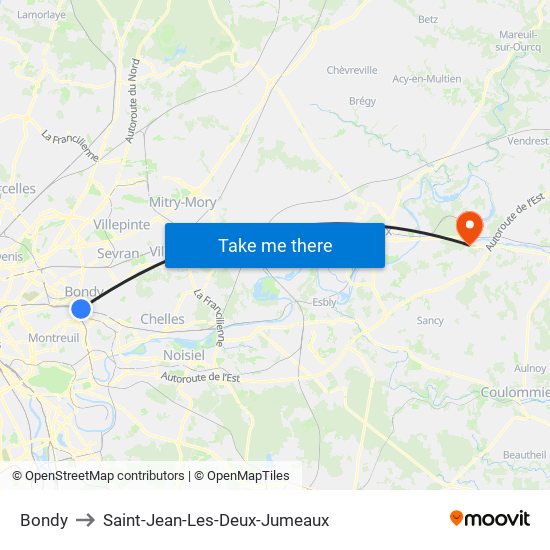 Bondy to Saint-Jean-Les-Deux-Jumeaux map
