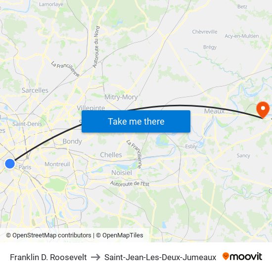 Franklin D. Roosevelt to Saint-Jean-Les-Deux-Jumeaux map