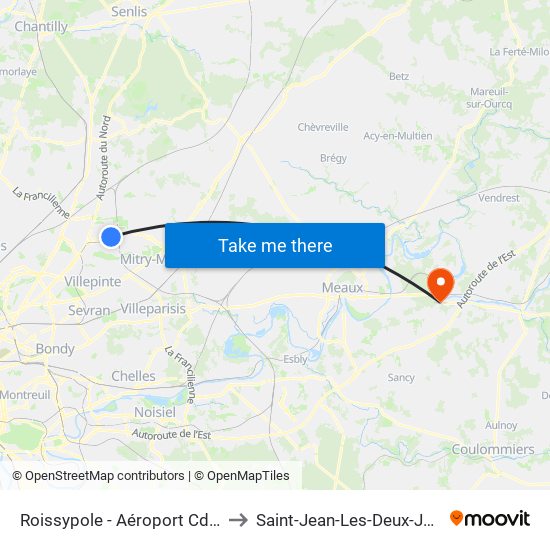 Roissypole - Aéroport Cdg1 (E2) to Saint-Jean-Les-Deux-Jumeaux map