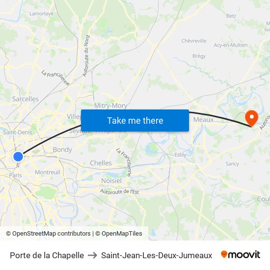 Porte de la Chapelle to Saint-Jean-Les-Deux-Jumeaux map