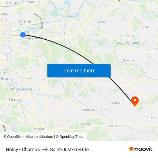 Noisy - Champs to Saint-Just-En-Brie map
