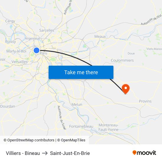 Villiers - Bineau to Saint-Just-En-Brie map