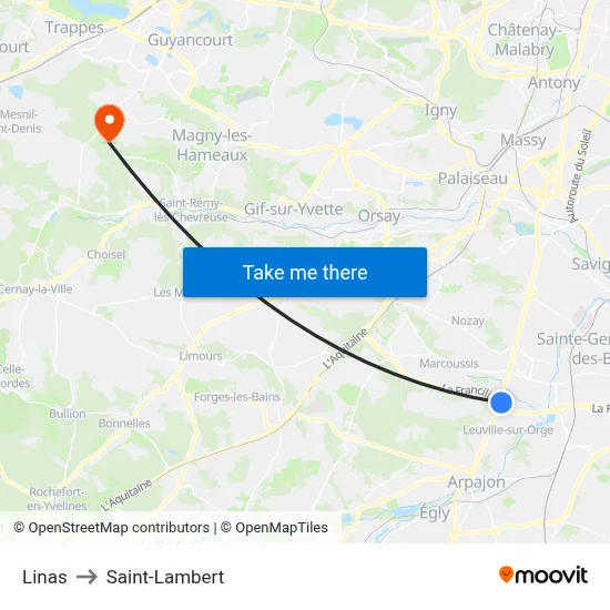 Linas to Saint-Lambert map