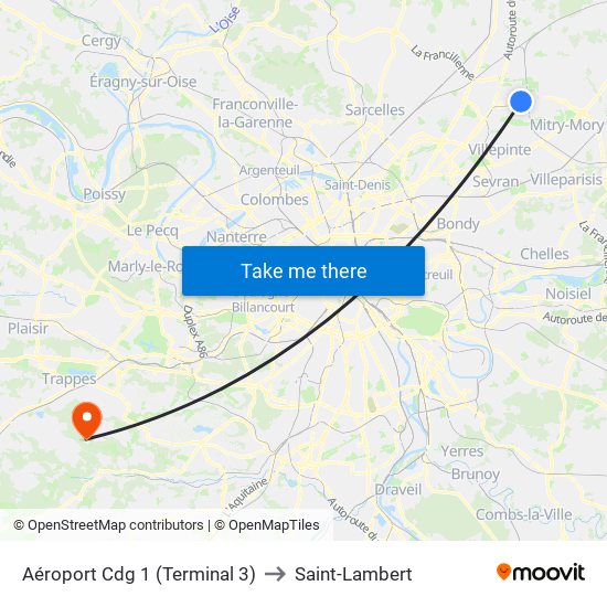 Aéroport Cdg 1 (Terminal 3) to Saint-Lambert map