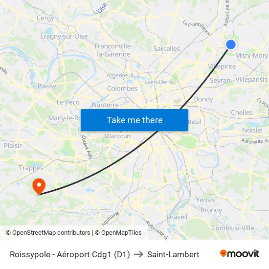 Roissypole - Aéroport Cdg1 (D1) to Saint-Lambert map