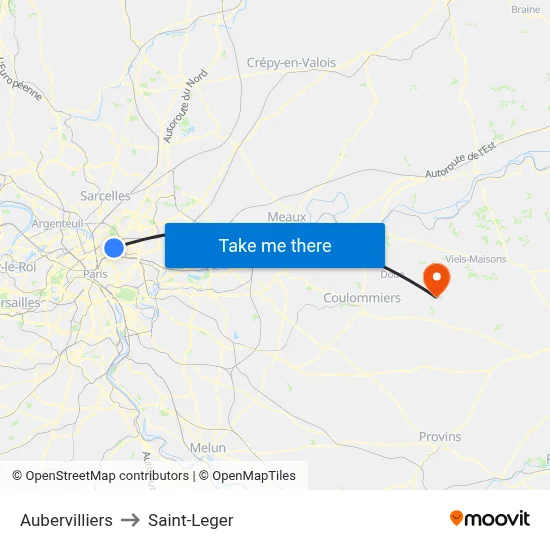 Aubervilliers to Saint-Leger map