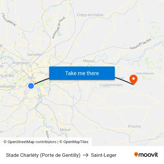 Stade Charléty (Porte de Gentilly) to Saint-Leger map