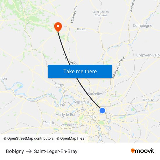 Bobigny to Saint-Leger-En-Bray map
