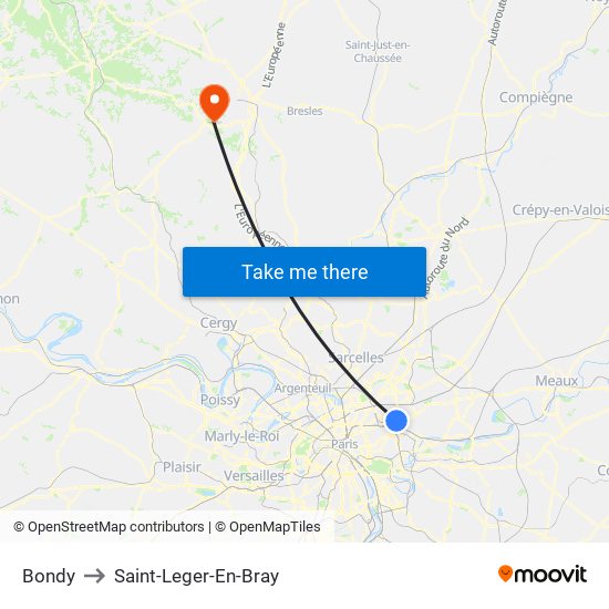 Bondy to Saint-Leger-En-Bray map