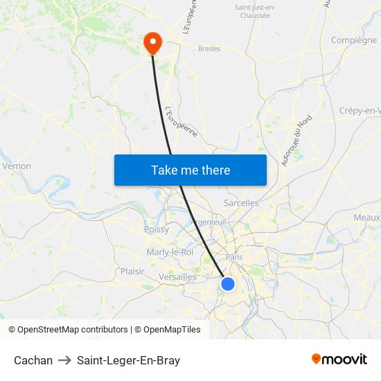 Cachan to Saint-Leger-En-Bray map