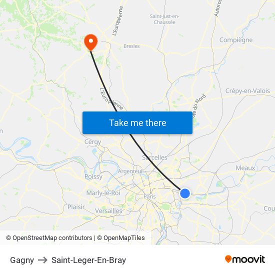 Gagny to Saint-Leger-En-Bray map