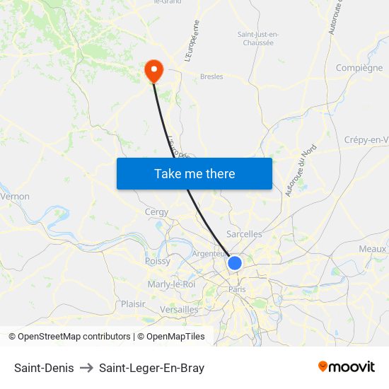 Saint-Denis to Saint-Leger-En-Bray map