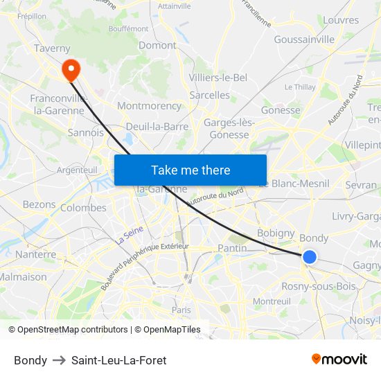 Bondy to Saint-Leu-La-Foret map