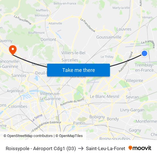 Roissypole - Aéroport Cdg1 (D3) to Saint-Leu-La-Foret map