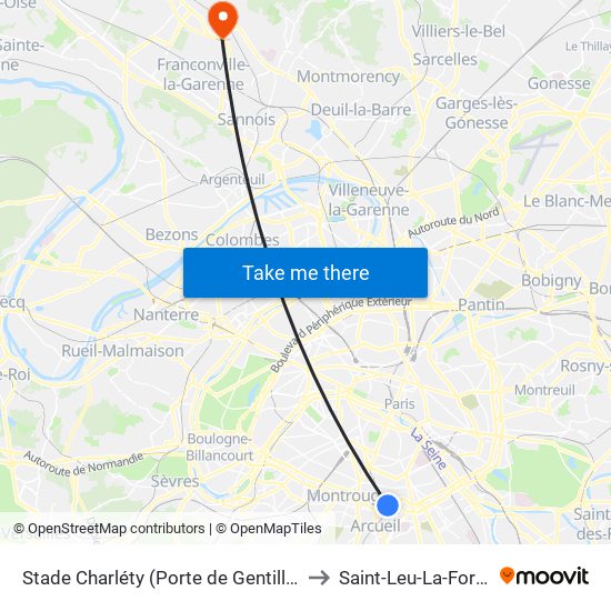 Stade Charléty (Porte de Gentilly) to Saint-Leu-La-Foret map