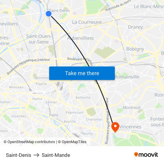 Saint-Denis to Saint-Mande map