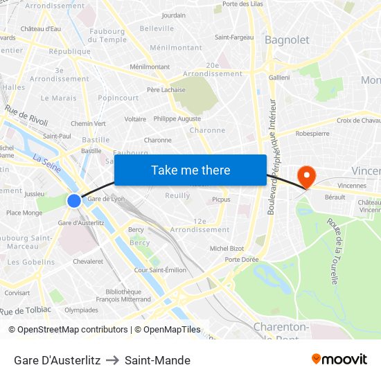 Gare D'Austerlitz to Saint-Mande map
